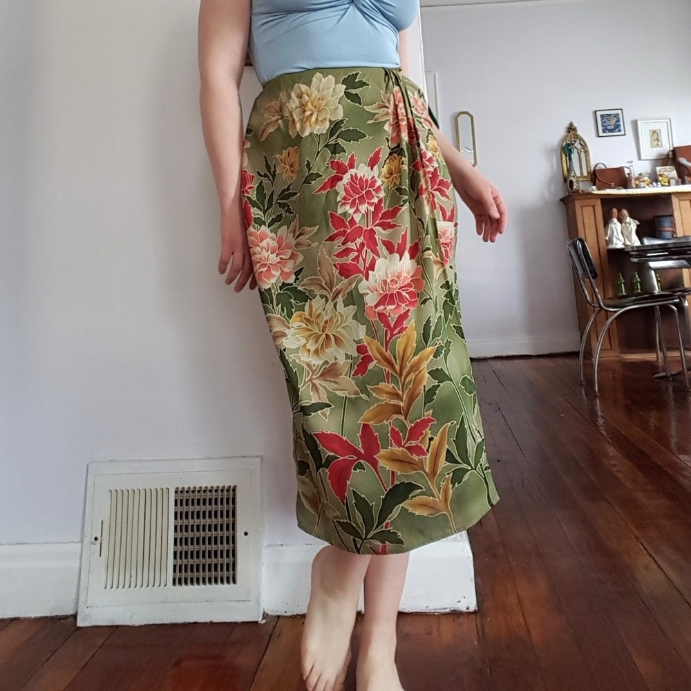 Vintage Silk Floral Faux-Wrap Midi Skirt